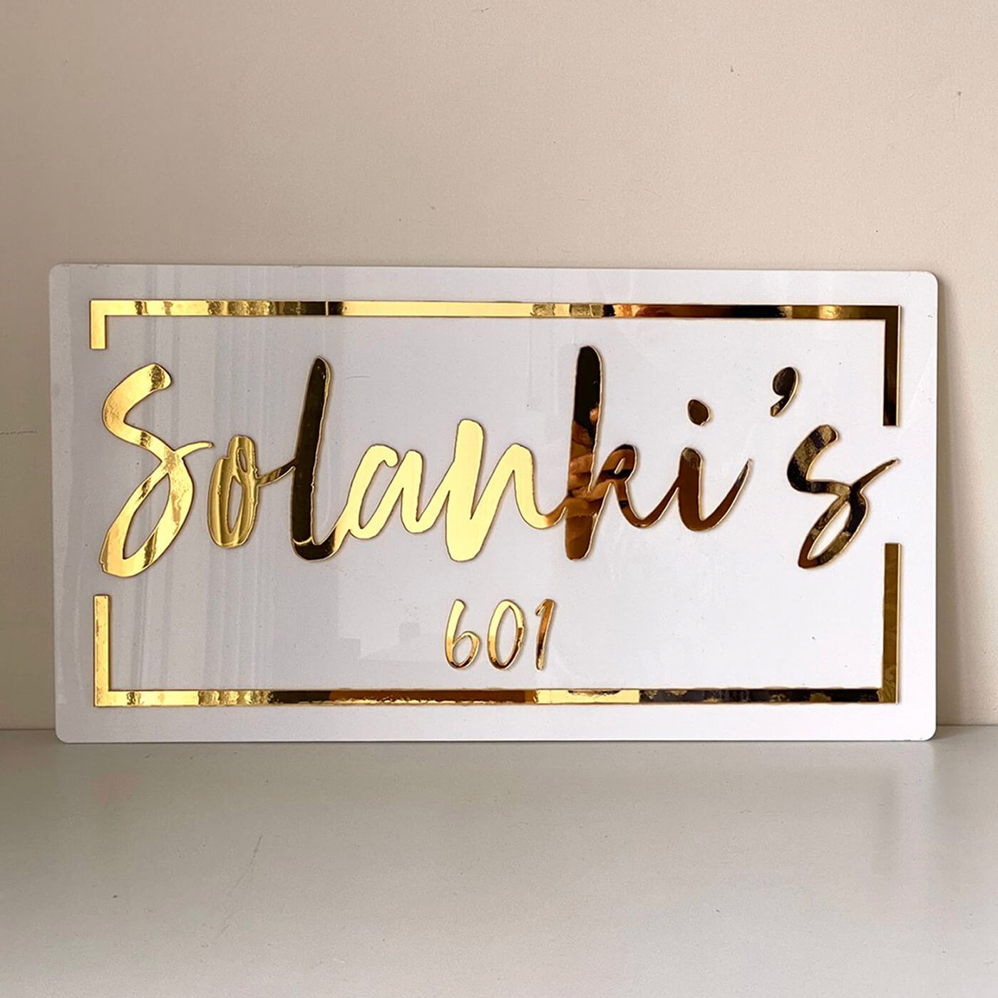 Classic Personalised Acrylic Name Plate 1 - Front View on Flat Surface