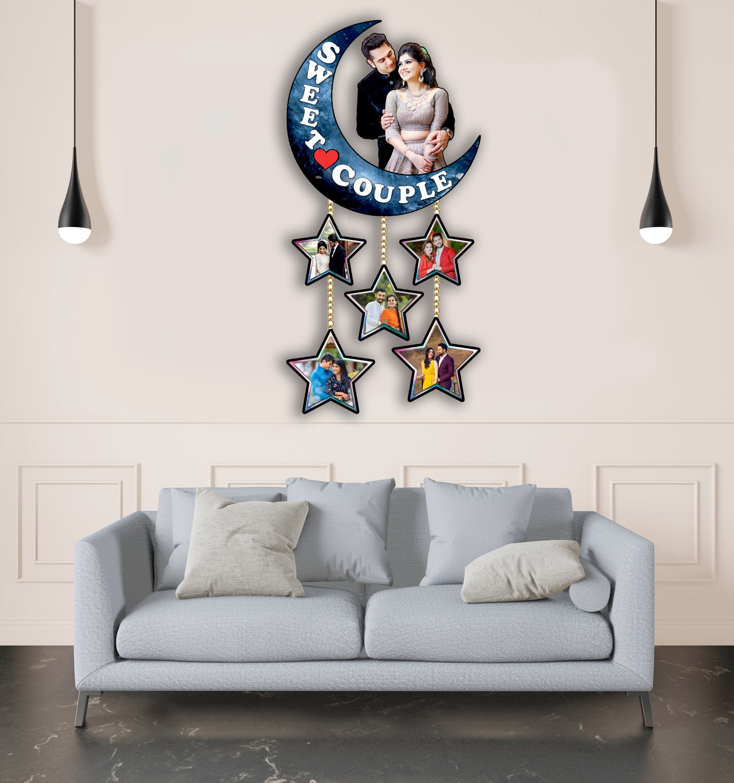 Customised Sweet Couple Moon Shape With Stars Gift for Anniversary