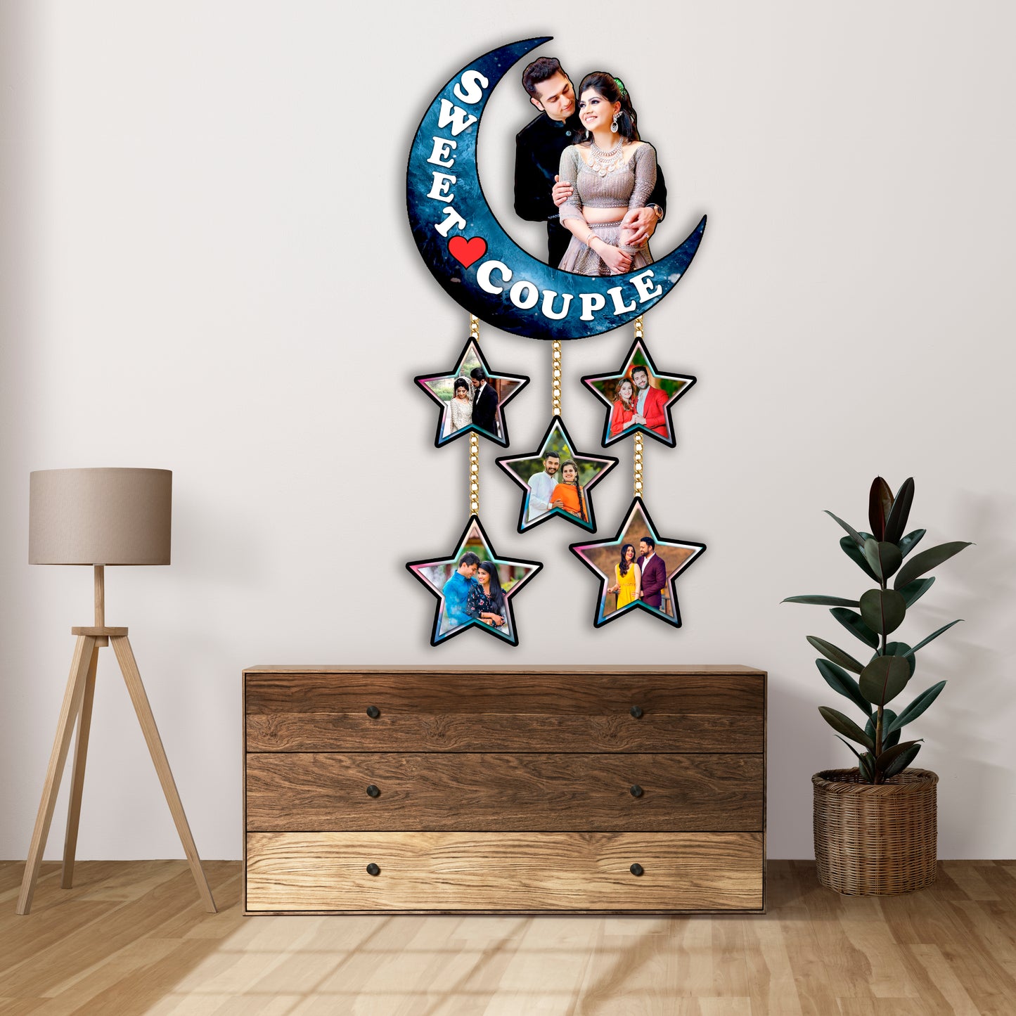 Customised Sweet Couple Moon Shape With Stars Gift for Anniversary