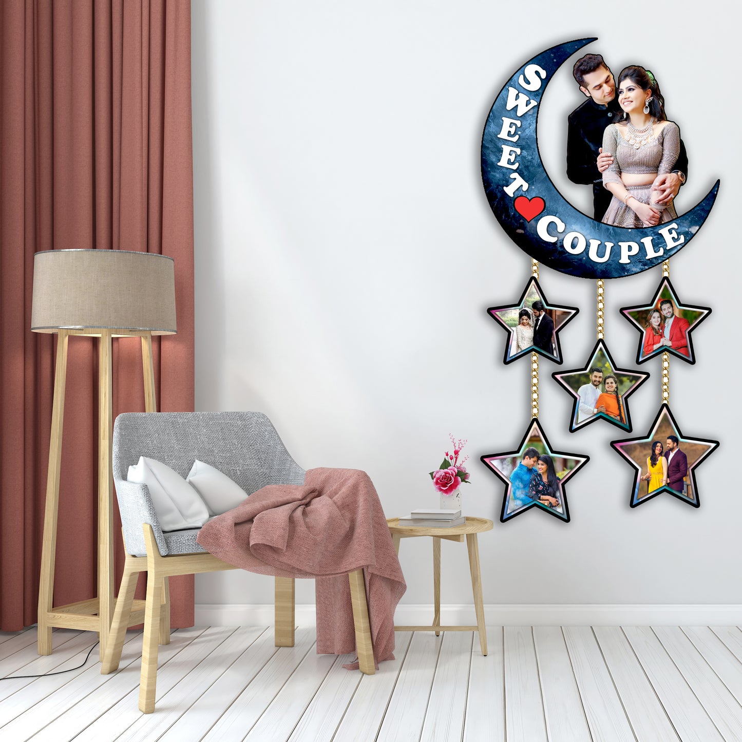 Customised Sweet Couple Moon Shape With Stars Gift for Anniversary