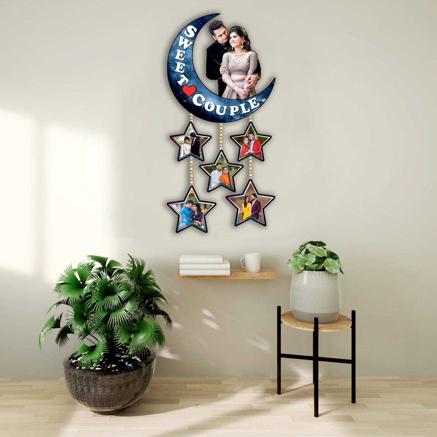 Customised Sweet Couple Moon Shape With Stars Gift for Anniversary