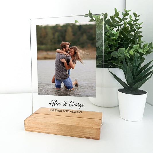 Customised Acrylic Photo Frame with Text Plaque with Pinewood Stand