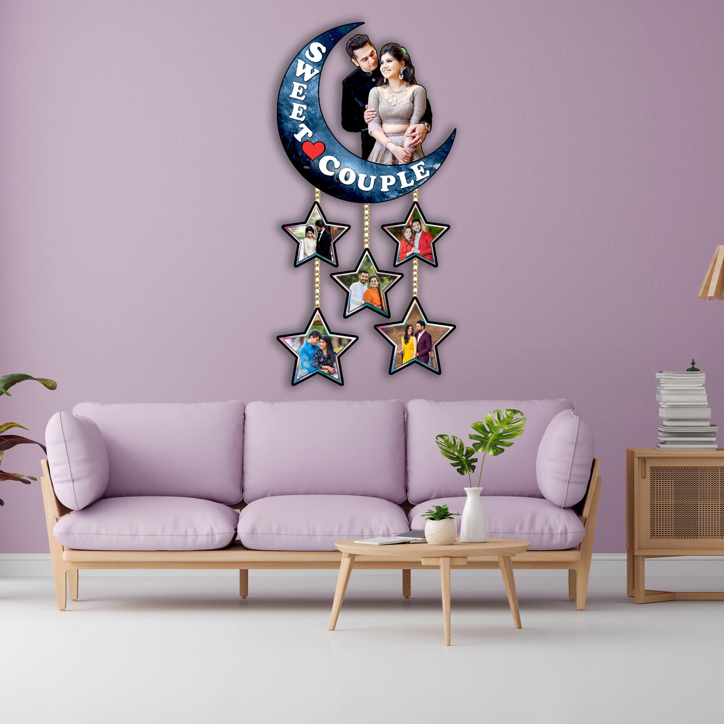 Customised Sweet Couple Moon Shape With Stars Gift for Anniversary